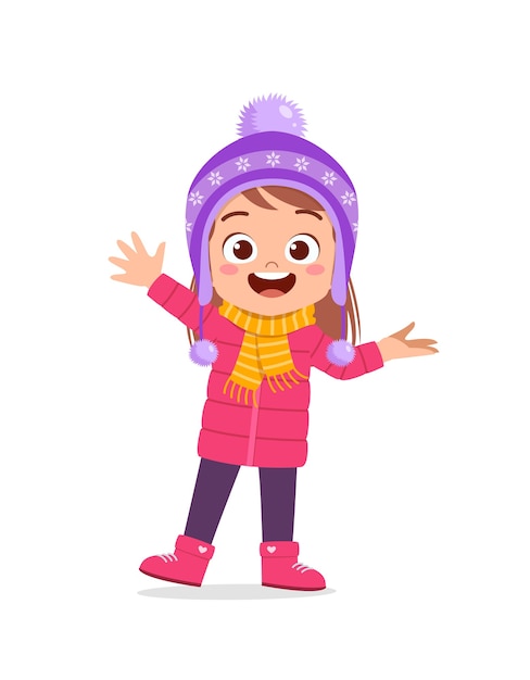 Happy cute little kid play and wear jacket in winter season