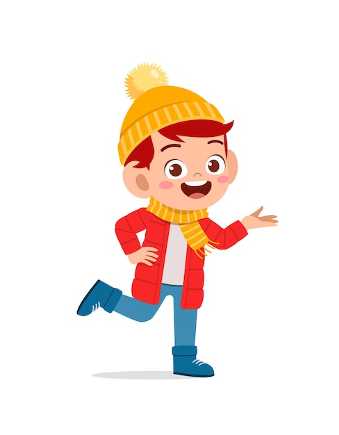 Happy cute little kid play and wear jacket in winter season