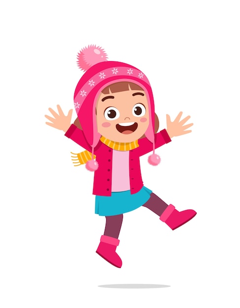 Happy cute little kid play and wear jacket in winter season