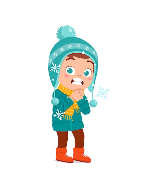 Happy cute little kid play and wear jacket in winter season