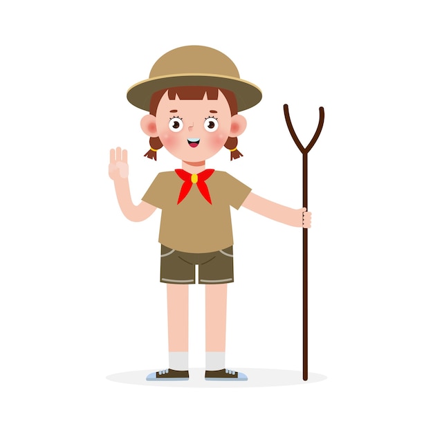 Happy cute little kid wear boy scout honor uniform children girl scout cartoon flat character