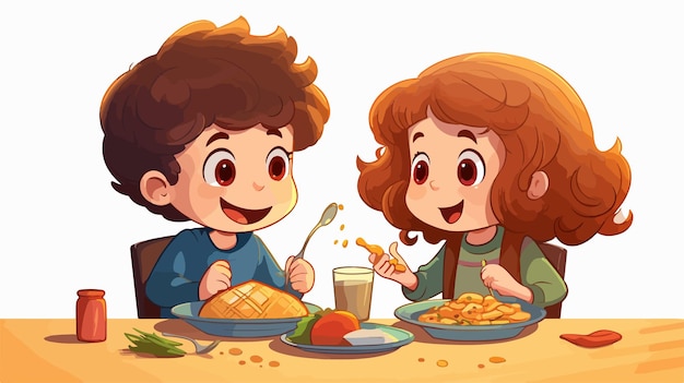 Vector happy cute little kids boy and girl lunch together