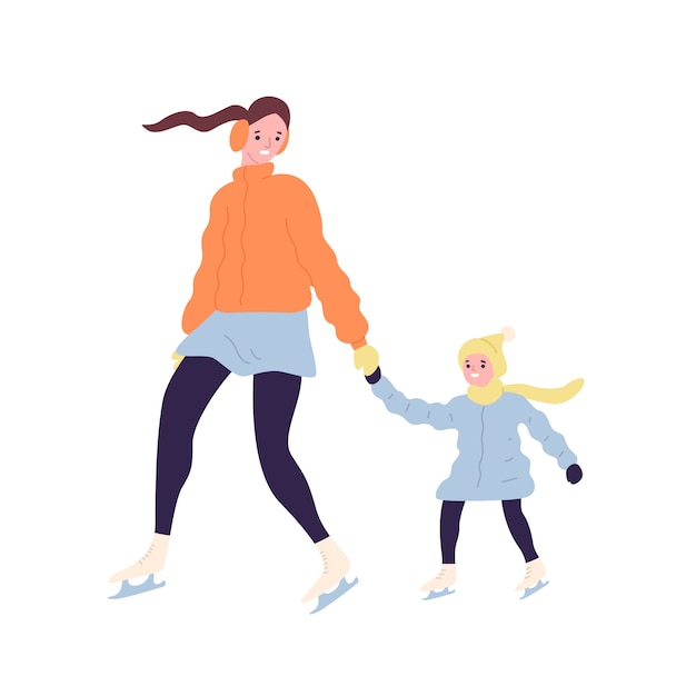 Happy cute mom and daughter on ice skates