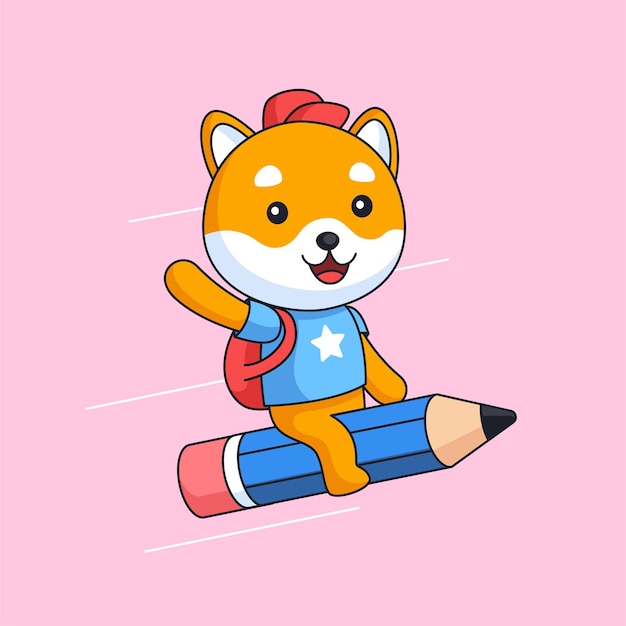 Happy cute shiba inu dog go to school ride flying pencil animal mascot cartoon vector illustration