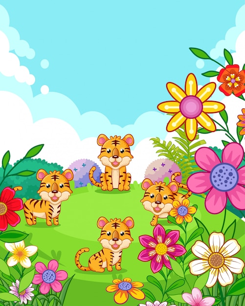 Happy cute tigers with flowers playing in the garden