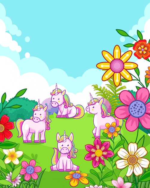 Happy cute unicorns with flowers playing in the garden