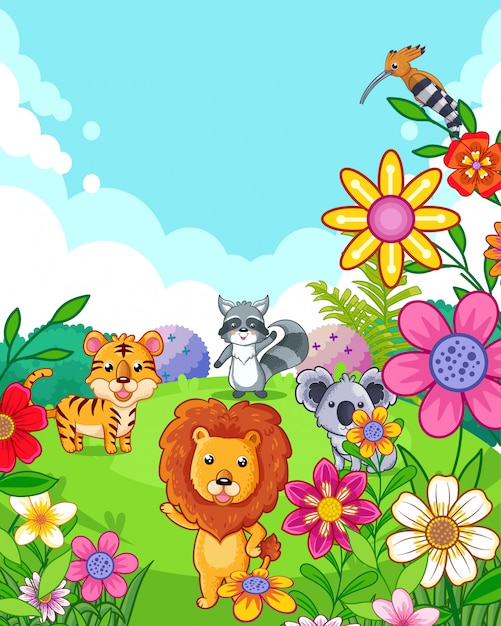 Happy cute wild animals with flowers playing in the garden