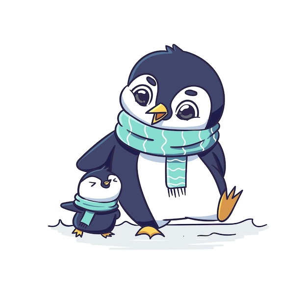 Happy Cute Winter Parents Put Baby Penguin Character to Sleep Sticker Illustration