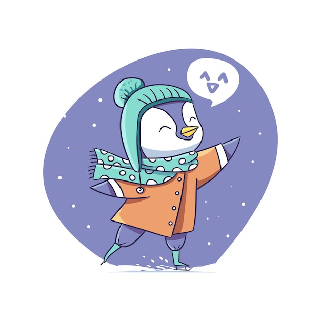 Happy Cute Winter Penguin Playing Ice Skating Character Sticker Illustration