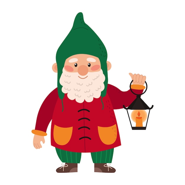 Happy cute xmas little gnome with beard. Cute elf dwarf is holding a flashlight. Colored floral vector illustration of fairytale character isolated on white background.