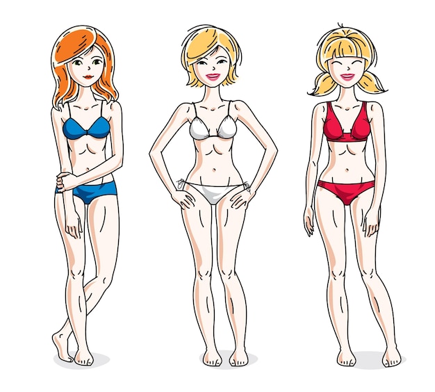 Happy cute young women standing wearing colorful bikini. Vector set of beautiful people illustrations. Slim female with perfect body.