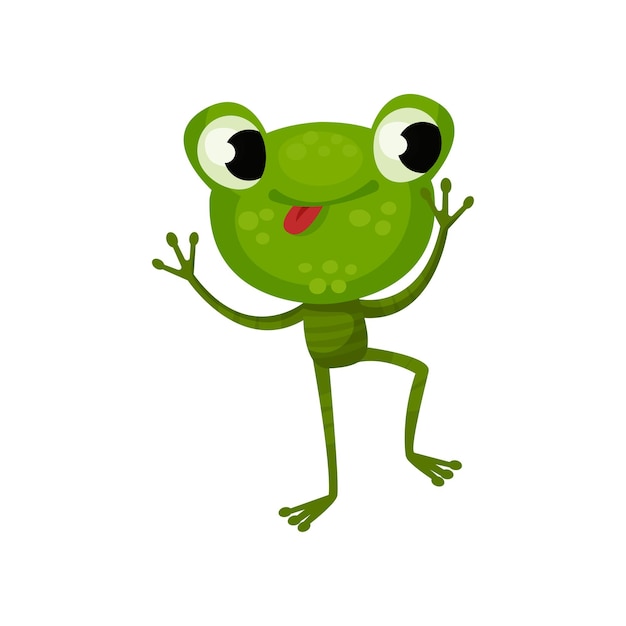 Happy dancing frog with tongue out Green reptile with shiny eyes big head and long legs Flat vector design for children book