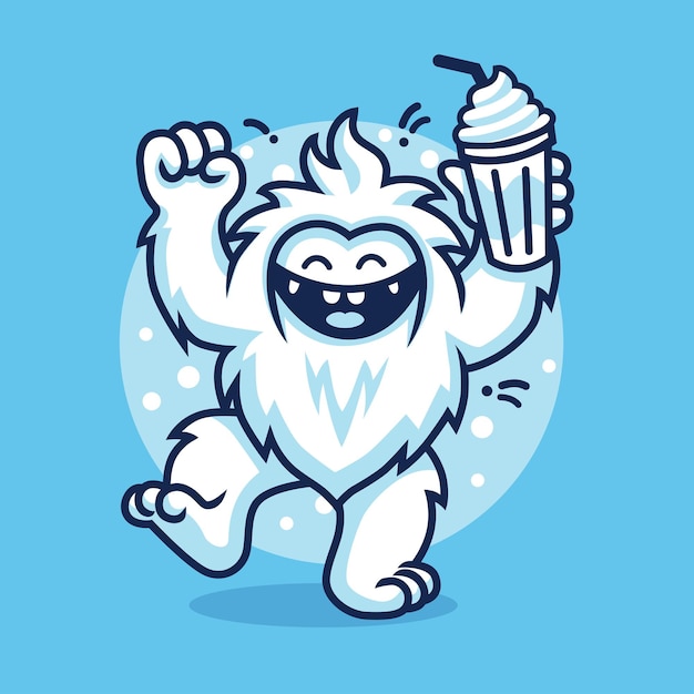 Vector happy dancing yeti while carrying milkshake vector illustration