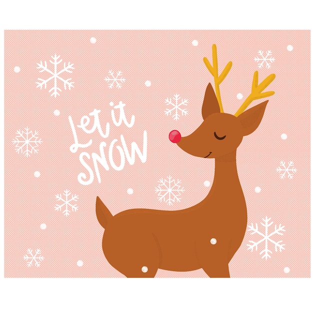 Happy deer for Christmas greetings on pink background and snowflakes.