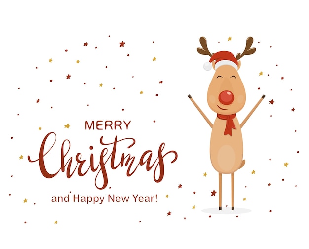 Happy Deer and Lettering Merry Christmas