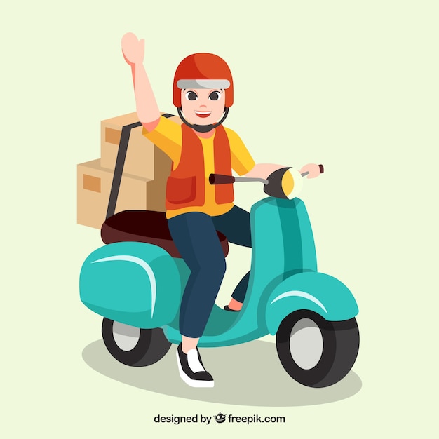 Happy delivery man with helmet on scooter