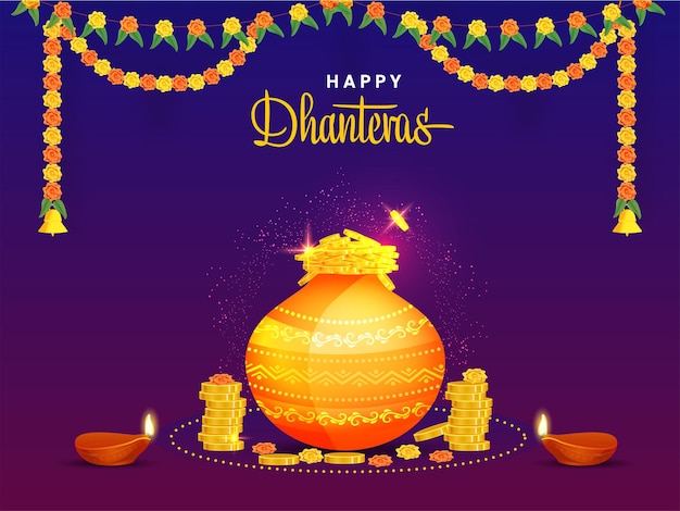 Happy Dhanteras Celebration Background With Golden Coins In Mud Pot, Lit Oil Lamps (Diya) And Floral Garland (Toran).