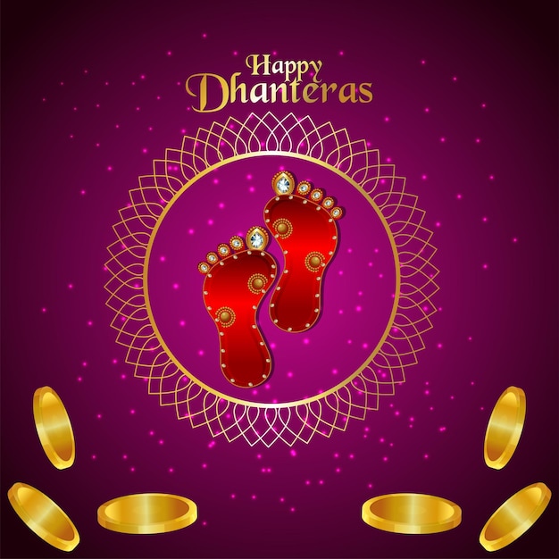 Happy dhanteras celebration greeting card with gold coin and goddesss laxami footprint on purple background