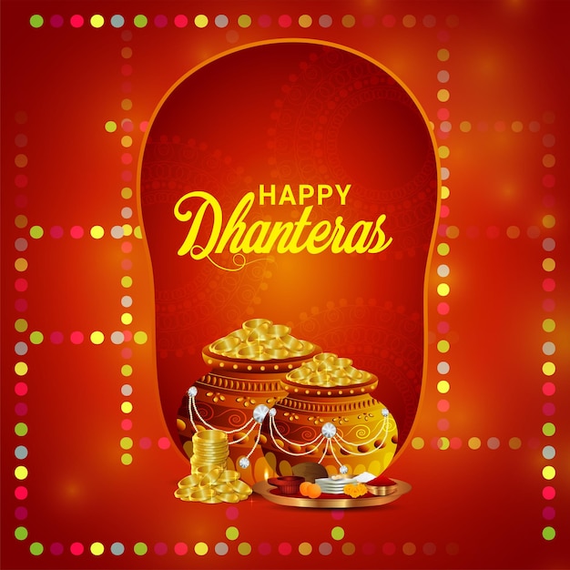 Happy dhanteras celebration greeting card with vector illustration gold coin pot and garland flower