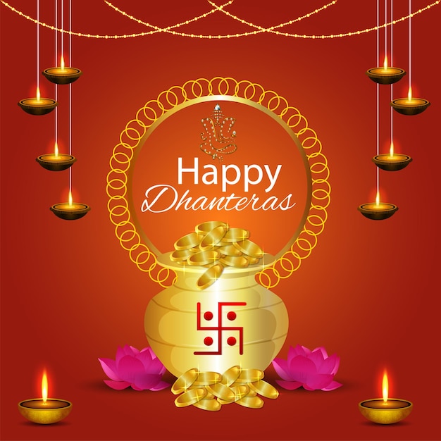 Happy dhanteras invitation greeting card with gold coin pot