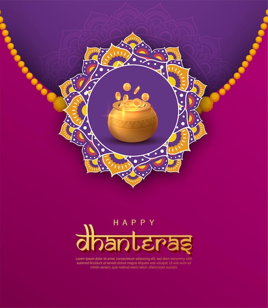 Happy Dhanteras Poster Design Vector Illustration. Illustration of Gold Coin in Pot