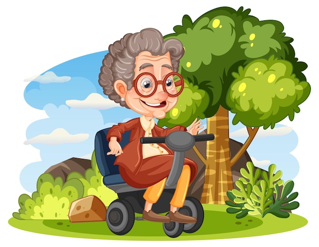 Happy Disabled Old Woman in Wheelchair in the Garden