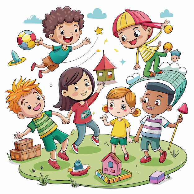 Happy diverse children playing together outdoors with toys