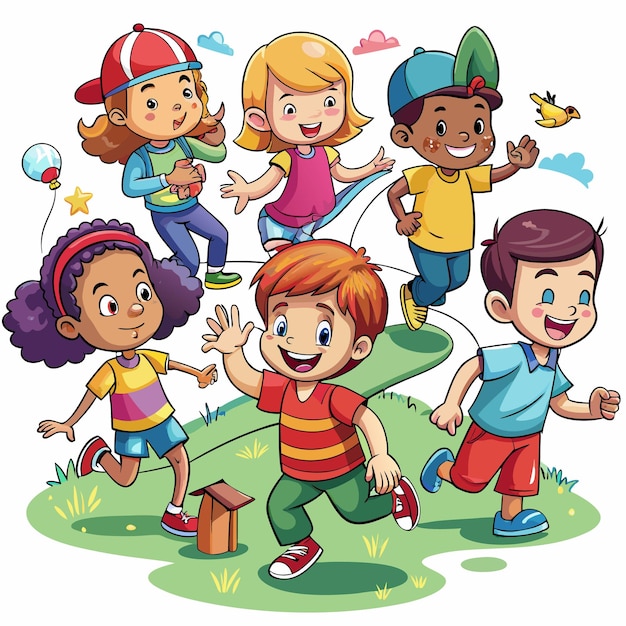 Vector happy diverse group of cartoon kids running outdoors