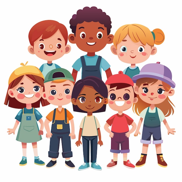 Vector happy diverse group of children smiling and standing together