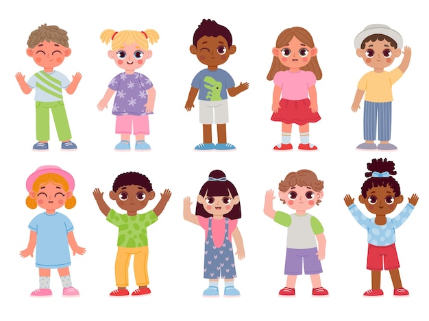 Happy diverse kids characters waving hands and greeting. Cartoon children boys and girls with bye or hello gestures. Flat student vector set. Multicultural kindergarten fashionable toddlers