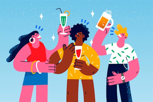 Happy diverse young people with glasses have fun on party together. Smiling multiracial friends drink beverages celebrate special occasion. Summer celebration. Vector illustration.