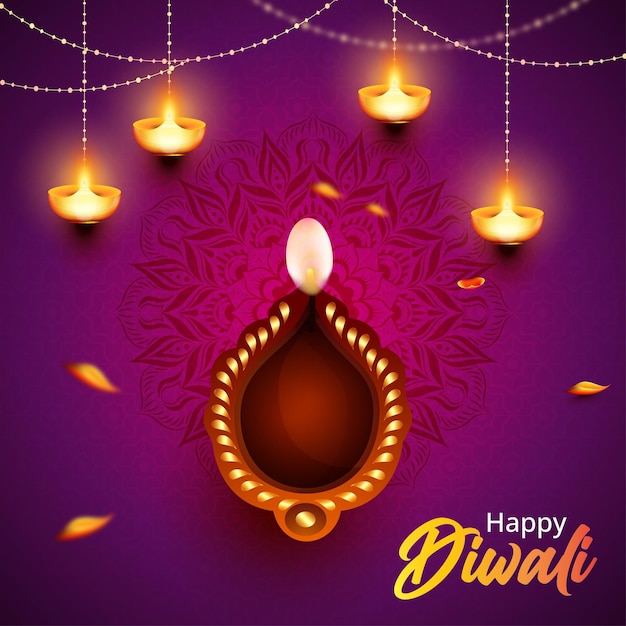 Vector happy diwali background with diya and sparkles