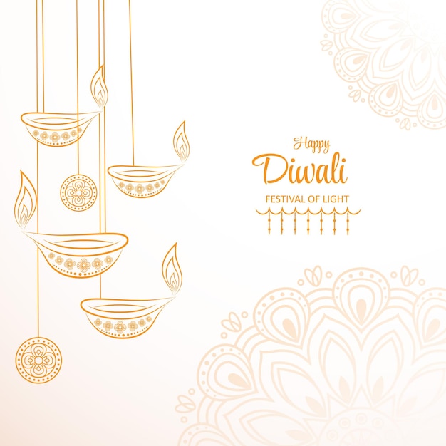 Happy diwali  background with illuminated oil lamps and floral mandala