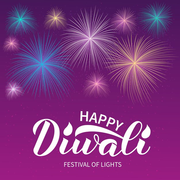 Vector happy diwali calligraphy hand lettering and fireworks traditional hindu festival of lights banner easy to edit vector template for poster flyer sticker postcard greeting card