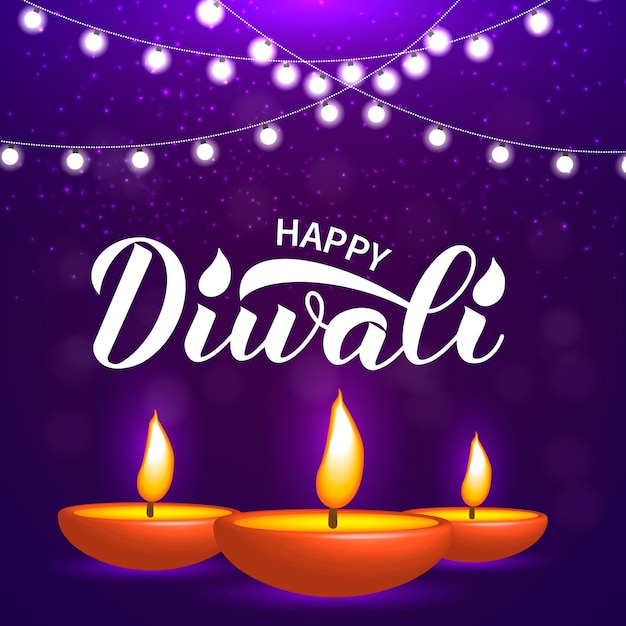 Happy Diwali calligraphy hand lettering with burning diya candles Traditional Indian festival of lights typography poster Vector template for banner flyer sticker postcard greeting card