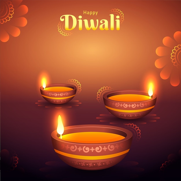 Happy Diwali Celebration Background Decorated With Illuminated Oil Lamps