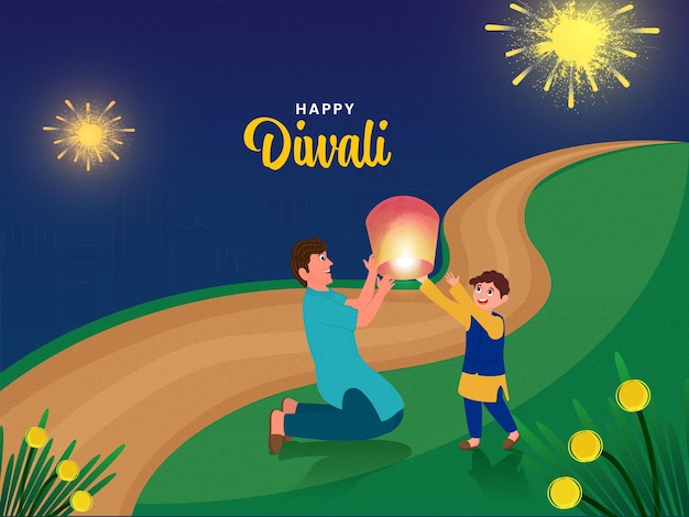 Happy Diwali Celebration Background With Indian Man Holding Sky Lantern And His Son Illustration