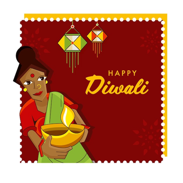 Happy Diwali Celebration Concept With Cartoon Indian Woman Holding Lit Oil Lamp Diya And Kandeel Lantern Hang On Red Background