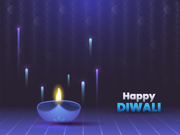 Happy Diwali Celebration Concept with Illuminated Oil Lamp Diya On Hitech Blue Abstract Pattern Background