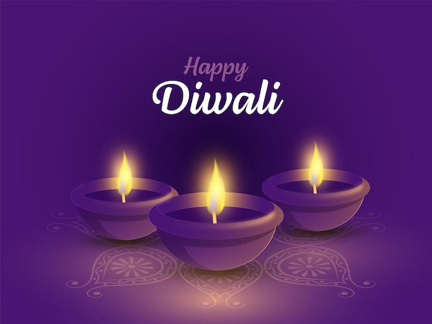 Happy Diwali Celebration Concept With Illuminated Realistic Oil Lamps Diya On Purple Rangoli Background