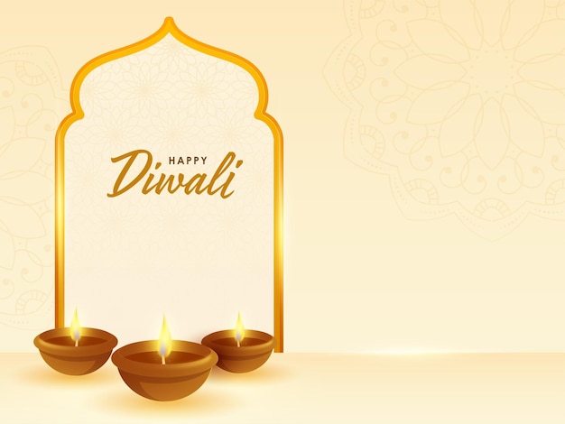 Happy Diwali Celebration Concept With Illuminated Realistic Oil Lamps Diya On White And Pastel Yellow Mandala Pattern Background