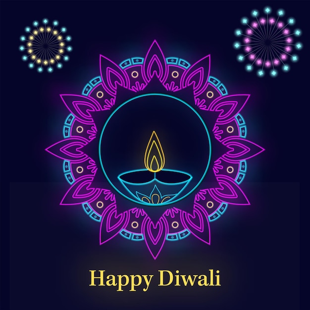 Happy Diwali Celebration Concept With Neon Style Round Mandala Frame Lit Oil Lamp Diya And Fireworks Star On Blue Background