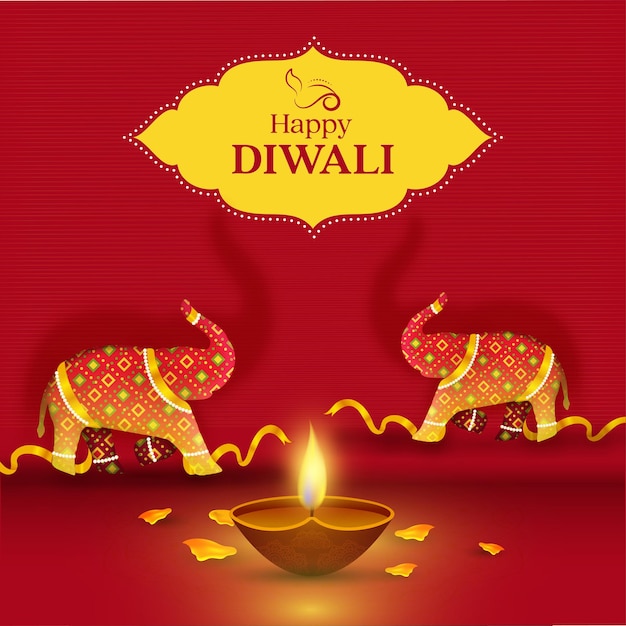 Happy Diwali Celebration Concept With Two Elephant Toys And Illuminated Oil Lamp Diya On Red Background