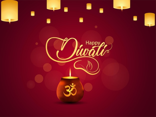 Happy diwali celebration greeting card with creative glowing pot and diwali lamp