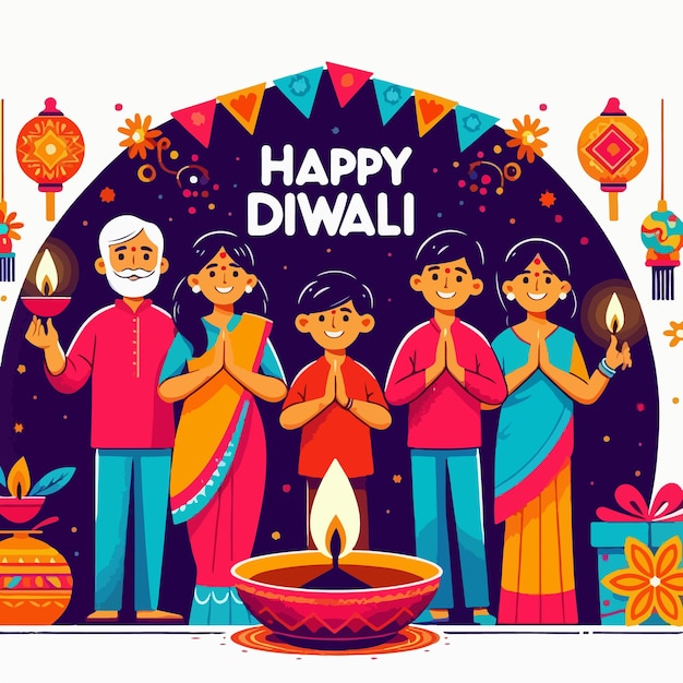 happy diwali celebration template with diya lamp flat illustration design