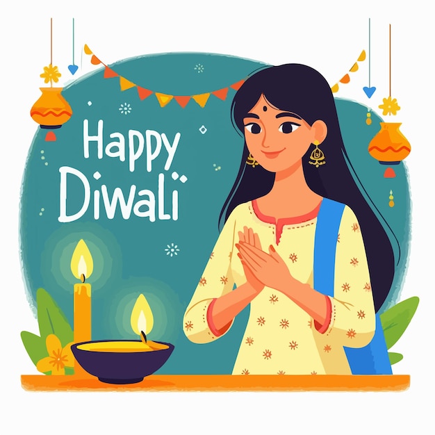 happy diwali celebration template with diya lamp flat illustration design