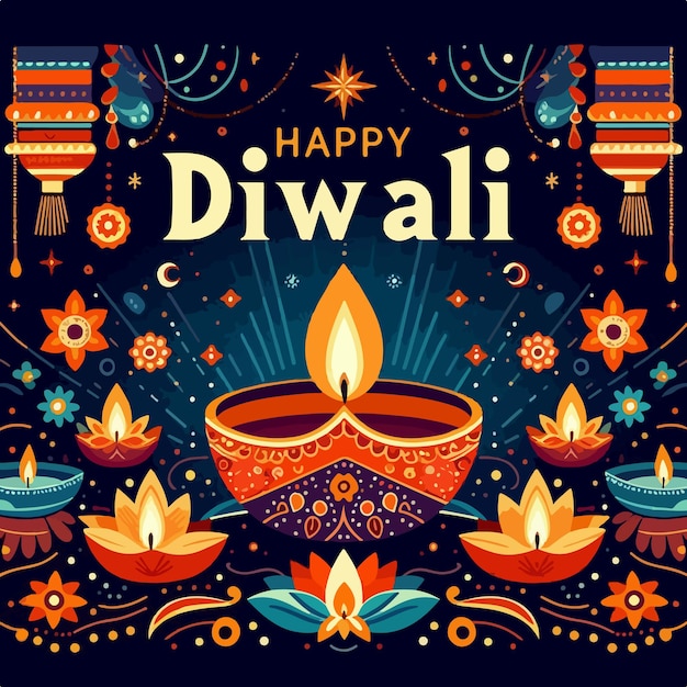 happy diwali celebration template with diya lamp flat illustration design