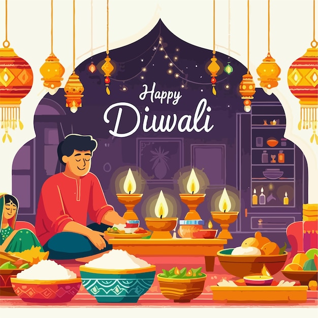 Vector happy diwali celebration template with diya lamp flat illustration design