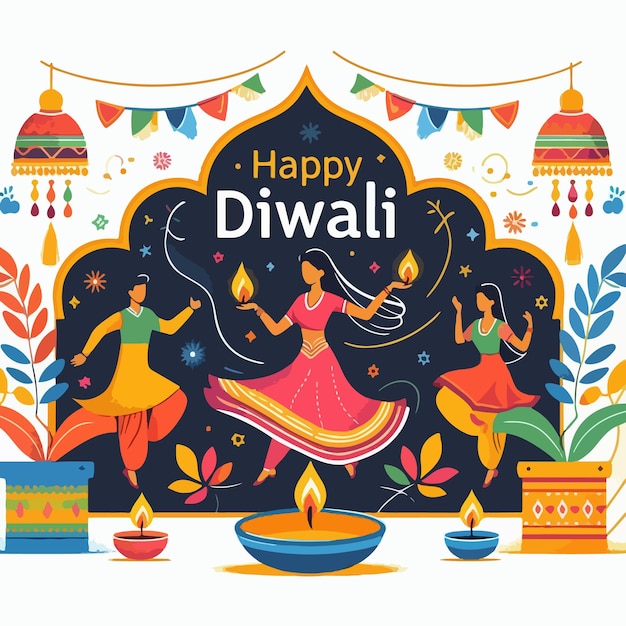 happy diwali celebration template with diya lamp flat illustration design