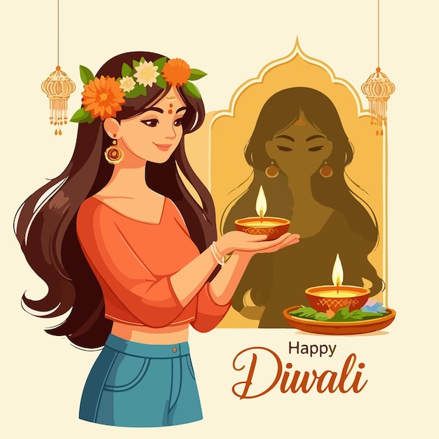 happy diwali celebration template with diya lamp flat illustration design